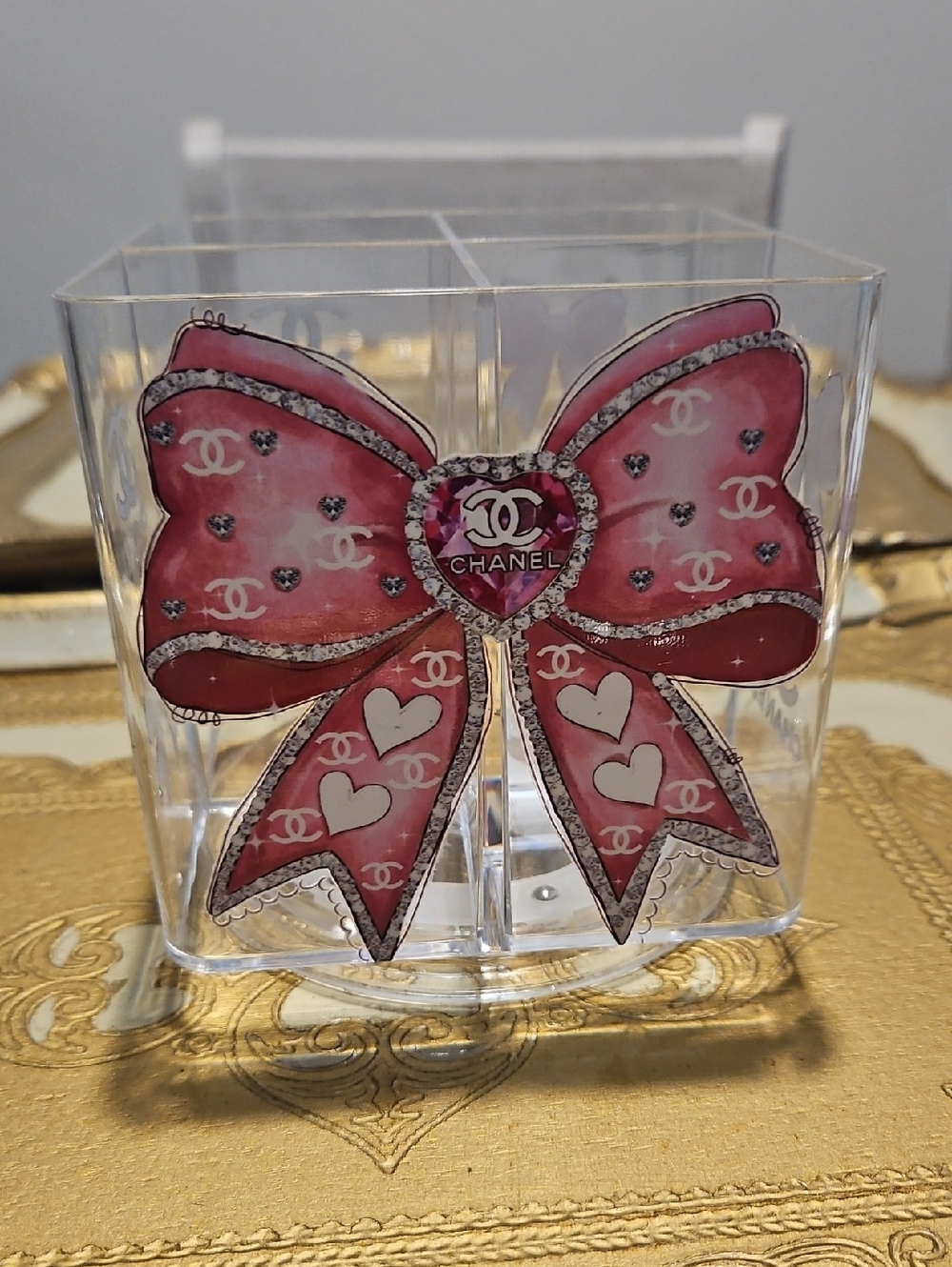 Designer Inspired Pink Bow Acrylic Desk Make Up Caddy New